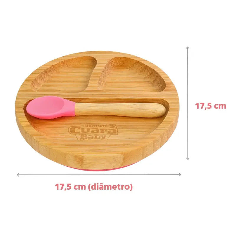 prato de bambu com colher de silicone para introdução alimentar
