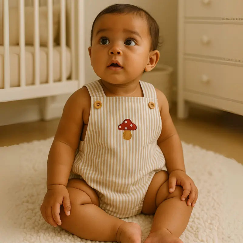 roupa de bebê com estampa de cogumelo e visual neutro