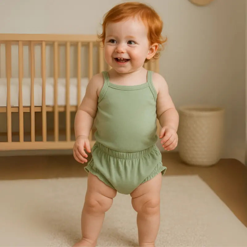 roupa infantil elegante de linho pistache para bebê