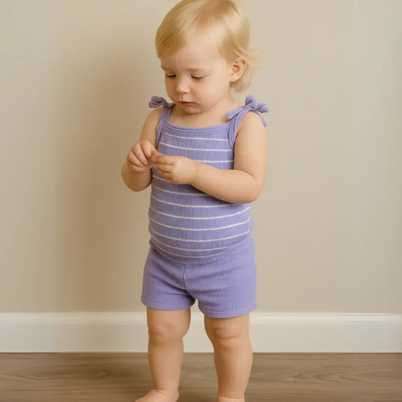 roupa lilás clara bebê com blusa e short ciclista