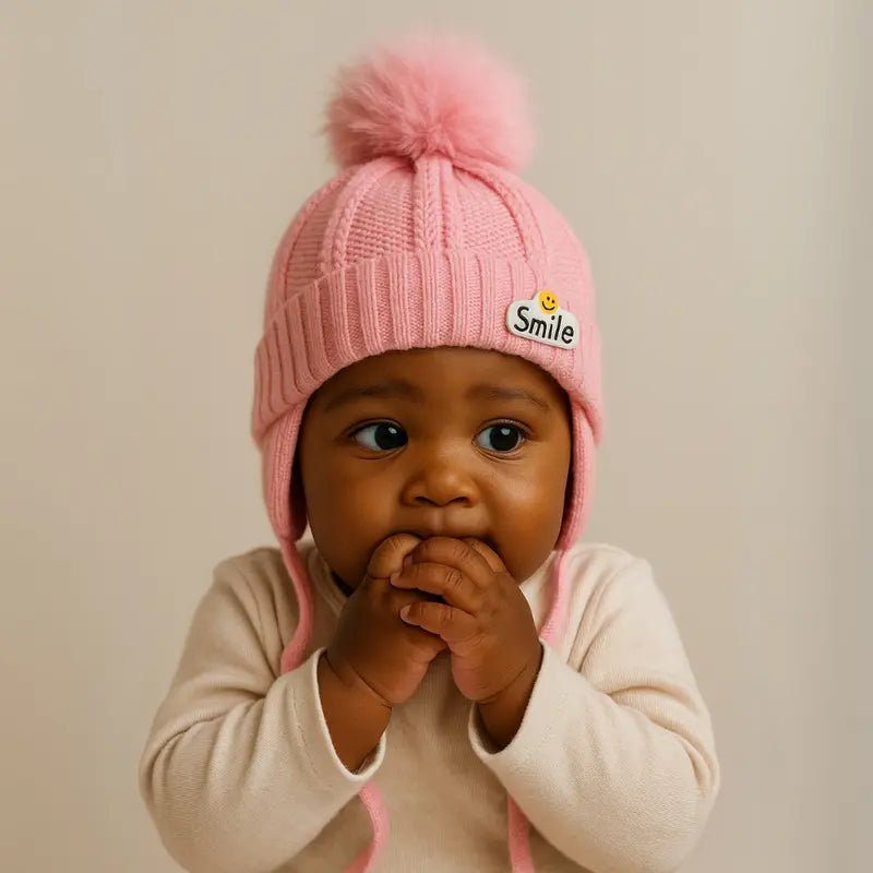 touca de tricot rosa bebê com bordado smile