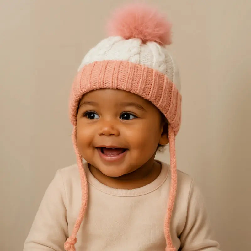 touca de tricot rosa com listras para bebê recém-nascido