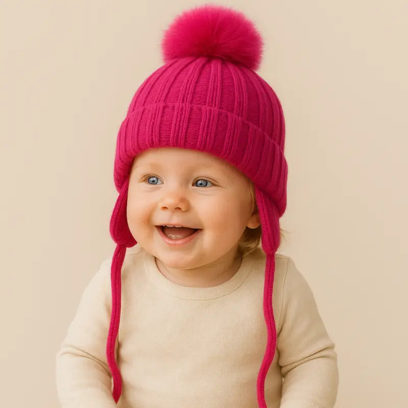 touca de tricot rosa para bebê com pompom snow