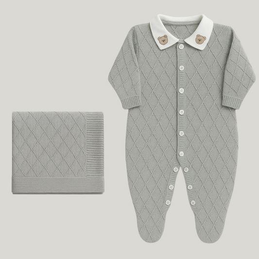 Kit Saída Maternidade Menino Tricot 2 Peças Vintage Bear Cinza