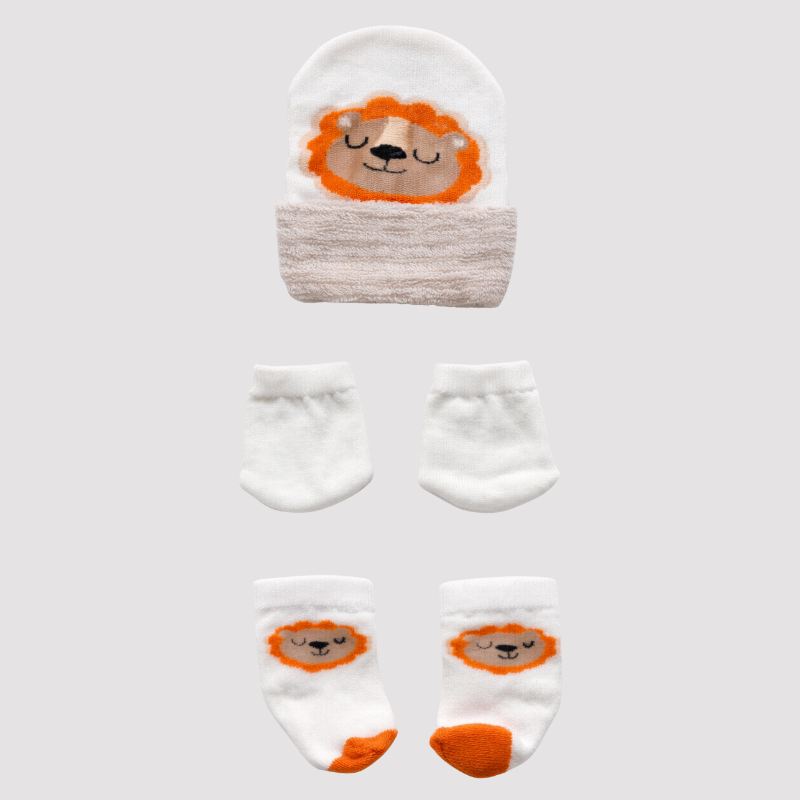 Kit 3 Peças Recém Nascido Luva+Touca+Meia Lion