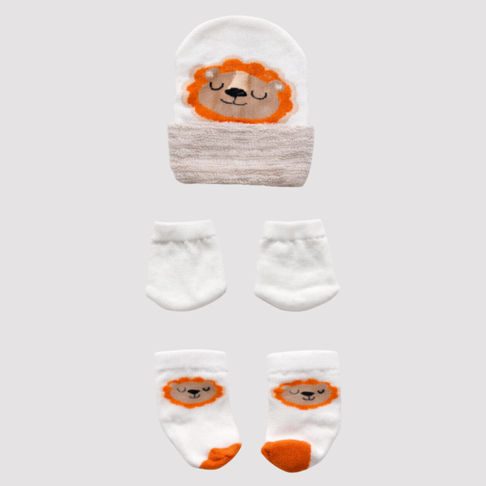 Kit 3 Peças Recém Nascido Luva+Touca+Meia Lion