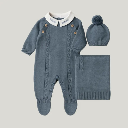 Kit Saída de  Maternidade Menino Tricot 4 peças Nature Azul