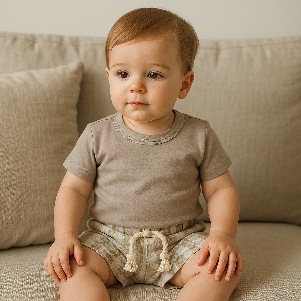 Short Bebê Linho Listras Bege