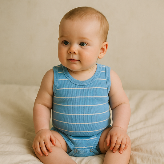 Body Bebê Regata Listrado Azul e Off White