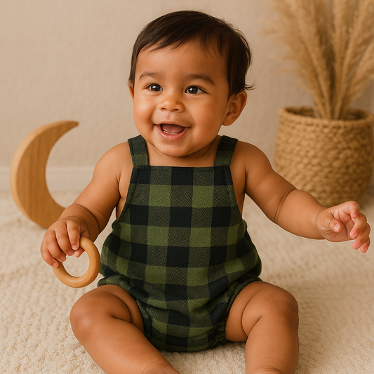 Romper Bebê Xadrez Flanelado Verde Musgo