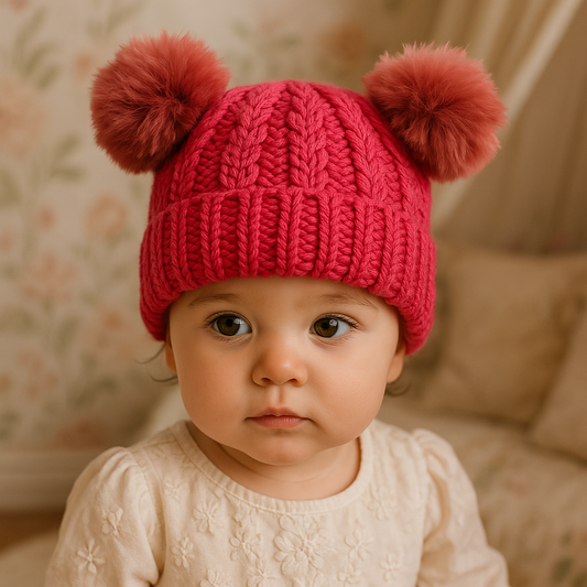 Touca Bebê Tricot Pompom Rosa Barbie
