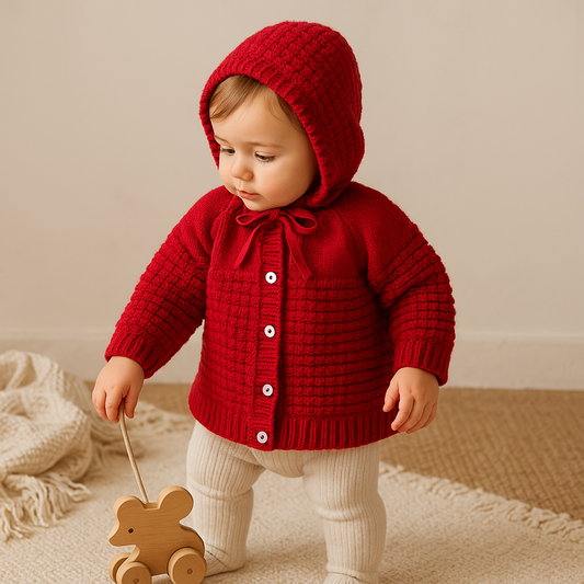 Casaco Bebê Menina Tricot Com Capuz  Vermelho Tamanho Unico