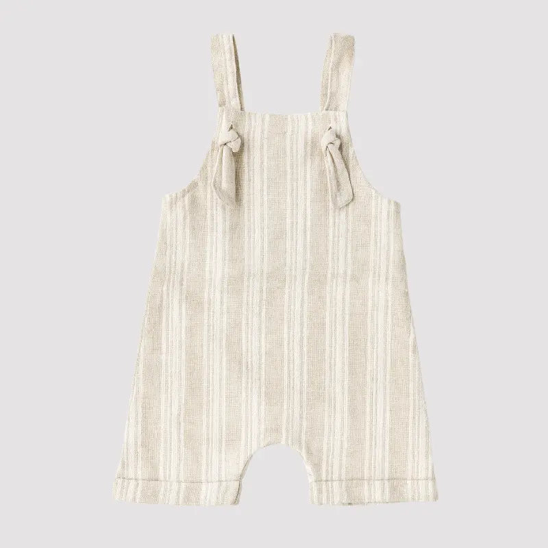 Jardineira Nó Bebê Linho Listras Bege