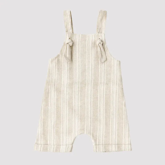 Jardineira Nó Bebê Linho Listras Bege