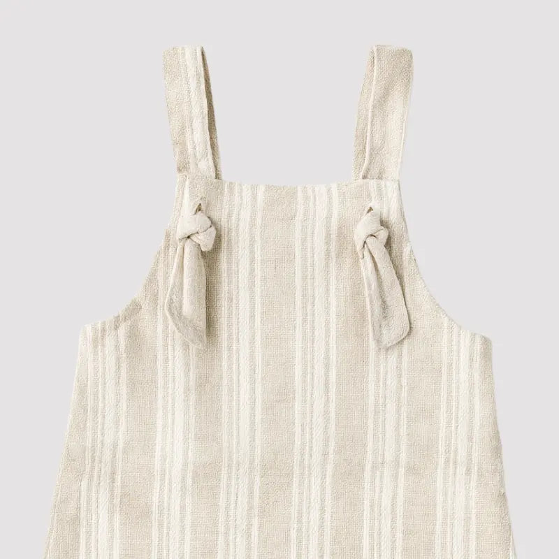 Jardineira Nó Bebê Linho Listras Bege