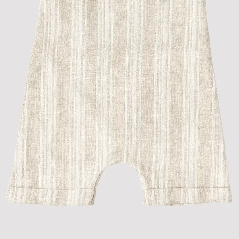 Jardineira Nó Bebê Linho Listras Bege