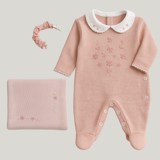 Kit Saída Maternidade Menina Tricot 2 Peças Flora Salmão