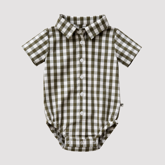 Body Bebê Social Xadrez Algodão Musgo