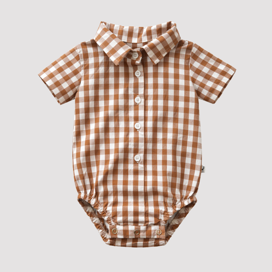 Body Bebê Social Xadrez Algodão Caramelo