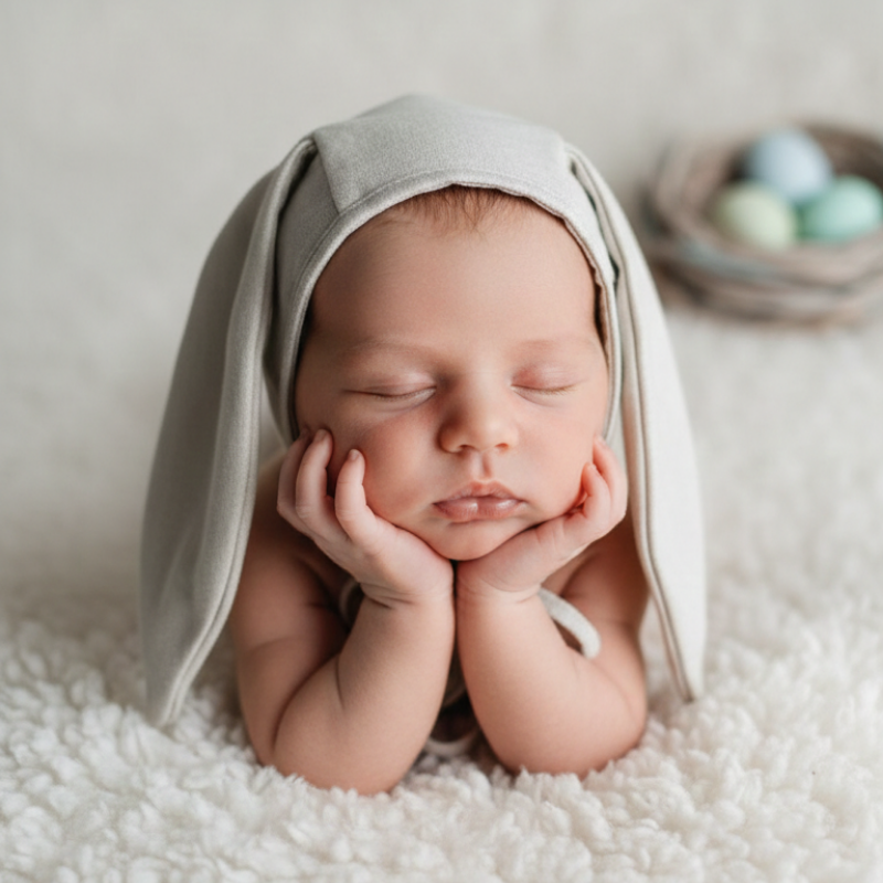 Touca de Bebê Orelha Coelho Linho Cru