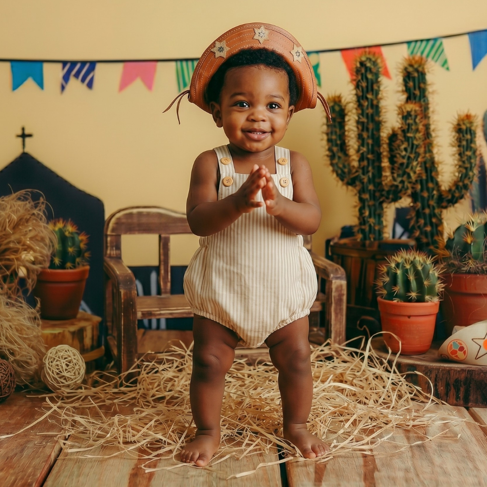 Romper Bebê Linho Vintage Listras Caramelo
