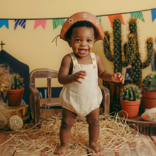 Romper Bebê Linho Vintage Listras Caramelo