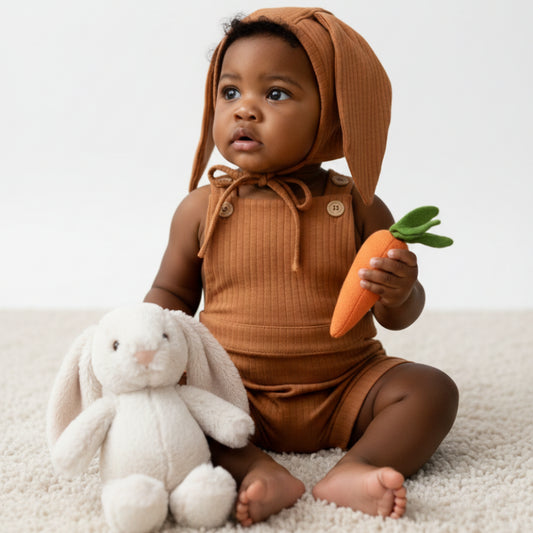 Kit 2 peças Jardineira Bebê + Bonnet Coelho Bunny Caramelo