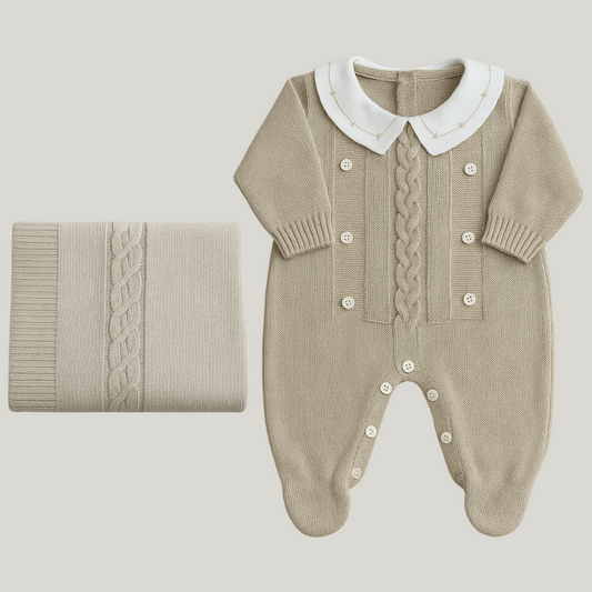 Kit Saída Maternidade Menino Tricot 2 Peças Louis  Bege