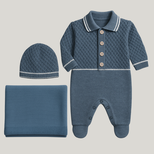 Kit Saída Maternidade Menino Tricot 3 Peças Vicent Blue