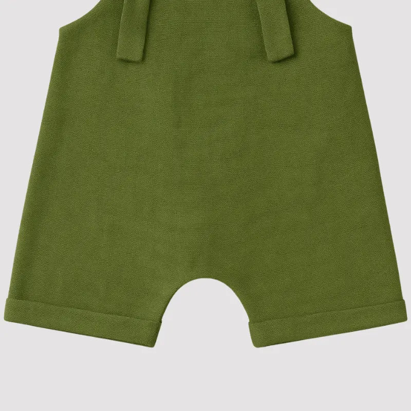 Jardineira Nó Bebê Linho Verde Musgo