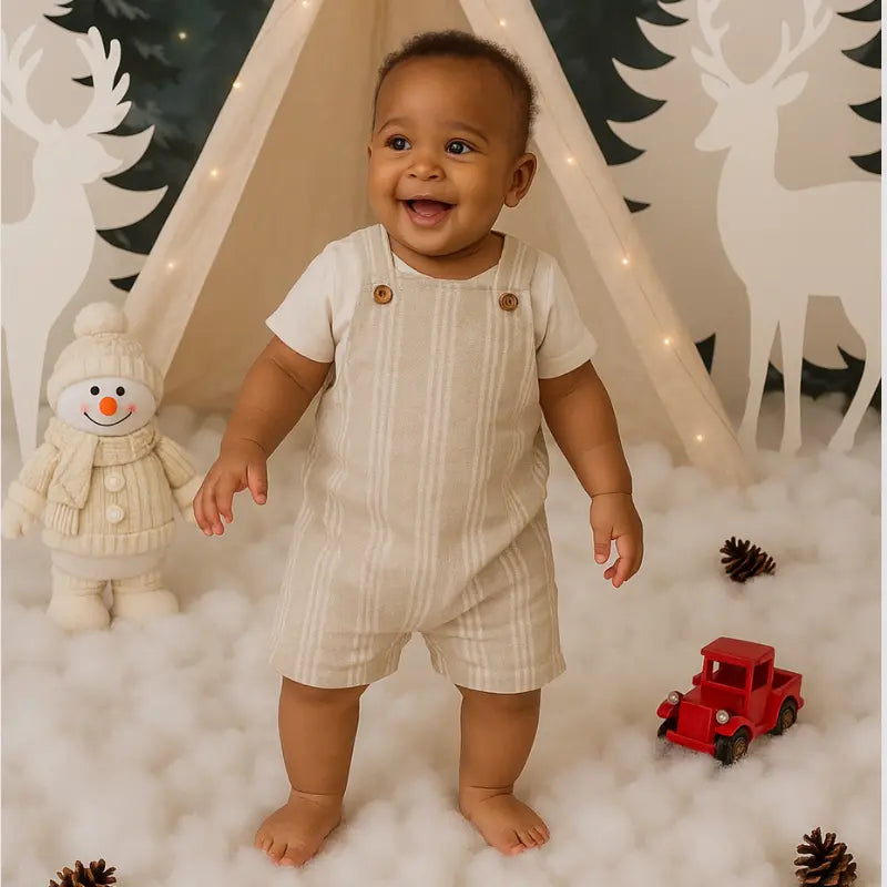 Jardineira Bebê Linho Organic Listrada Bege