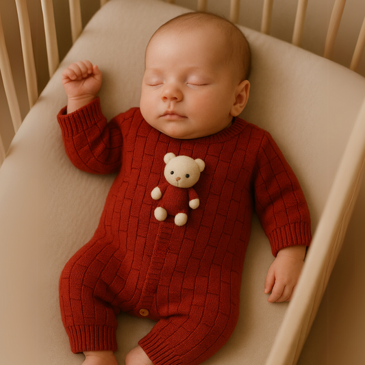 Macacão Recém Nascido Bebê Tricot Vira pezinho Bear Vermelho