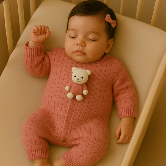Macacão Recém Nascido Bebê Tricot Vira pezinho Bear Rose