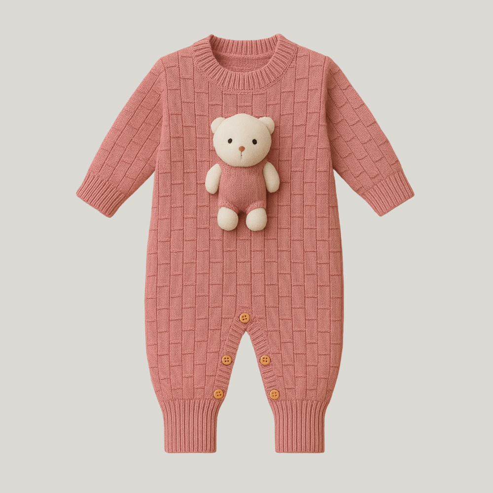 Macacão Recém Nascido Bebê Tricot Vira pezinho Bear Rose