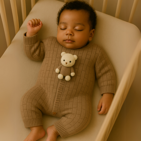 Macacão Recém Nascido Bebê Tricot Vira pezinho Bear Bege