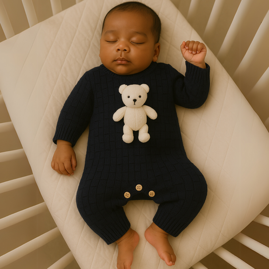 Macacão Recém Nascido Bebê Tricot Vira pezinho Bear Marinho