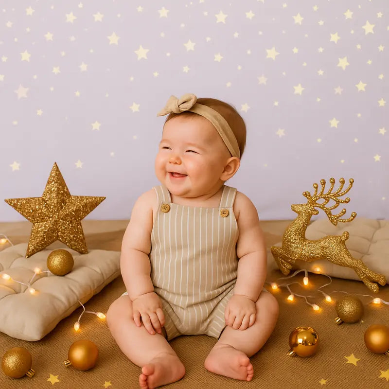 Jardineira Bebê Linho Vintage Listras Bege