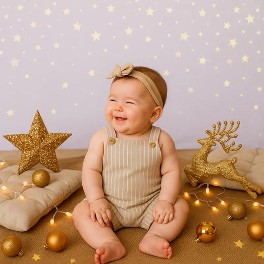 Jardineira Bebê Linho Vintage Listras Bege