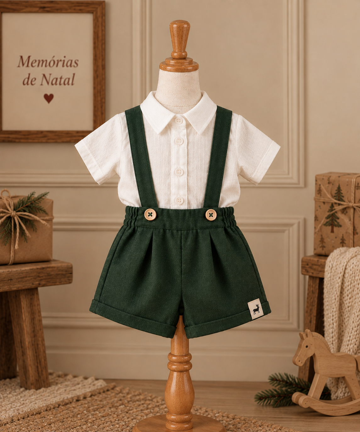 Short Infantil Suspensório Linho Verde Musgo