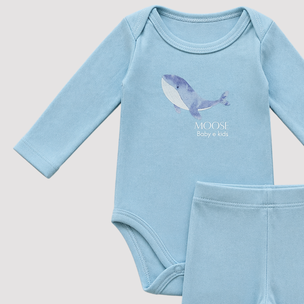 Conjunto Orgânic Algodão Longo Baleia Azul