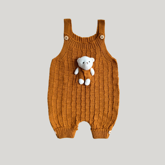 Jardineira Bebê Tricot Ursinho Mostarda