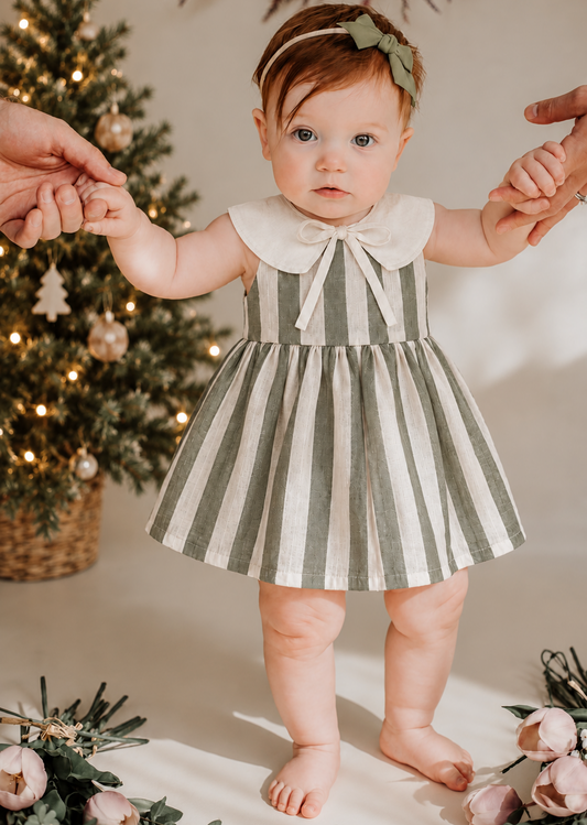 Vestido Infantil Linho Cloe Listras Verde Musgo