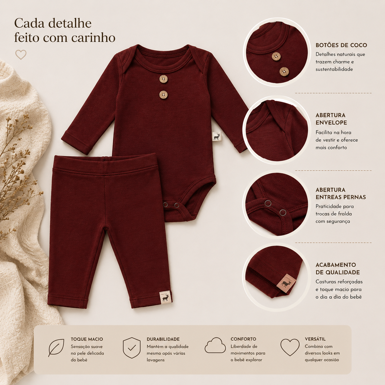 Conjunto Bebê Algodão Organic Buttons Longo Bordo