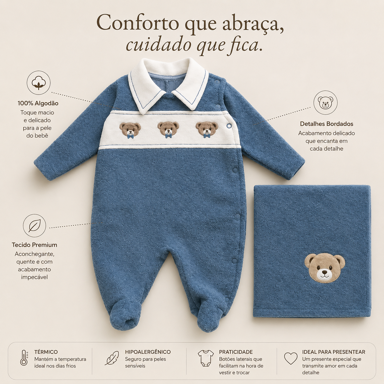 Kit 2 Peças Saída Maternidade Soft Flanelada Urso Azul
