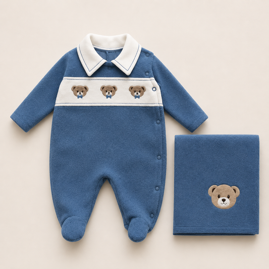Kit 2 Peças Saída Maternidade Soft Flanelada Urso Azul