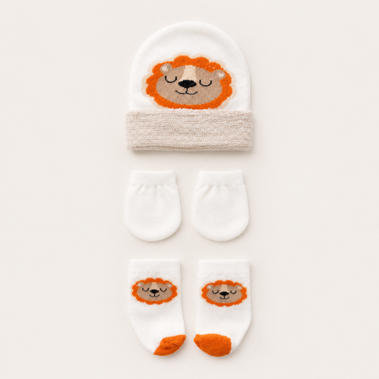 Kit 3 Peças Recém Nascido Luva+Touca+Meia Lion