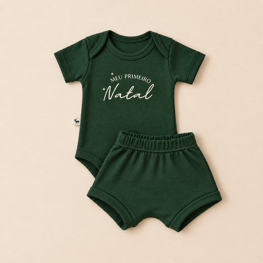 Conjunto Bebê Algodão Meu Primeiro Natal Curto Verde