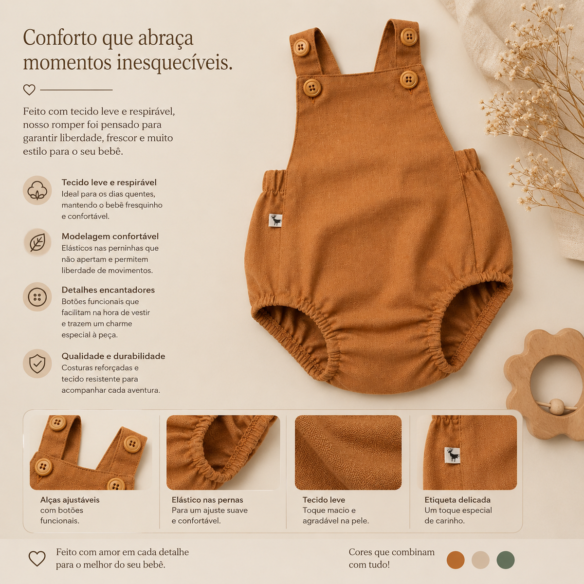 Romper Bebê Tradicional Linho Caramelo