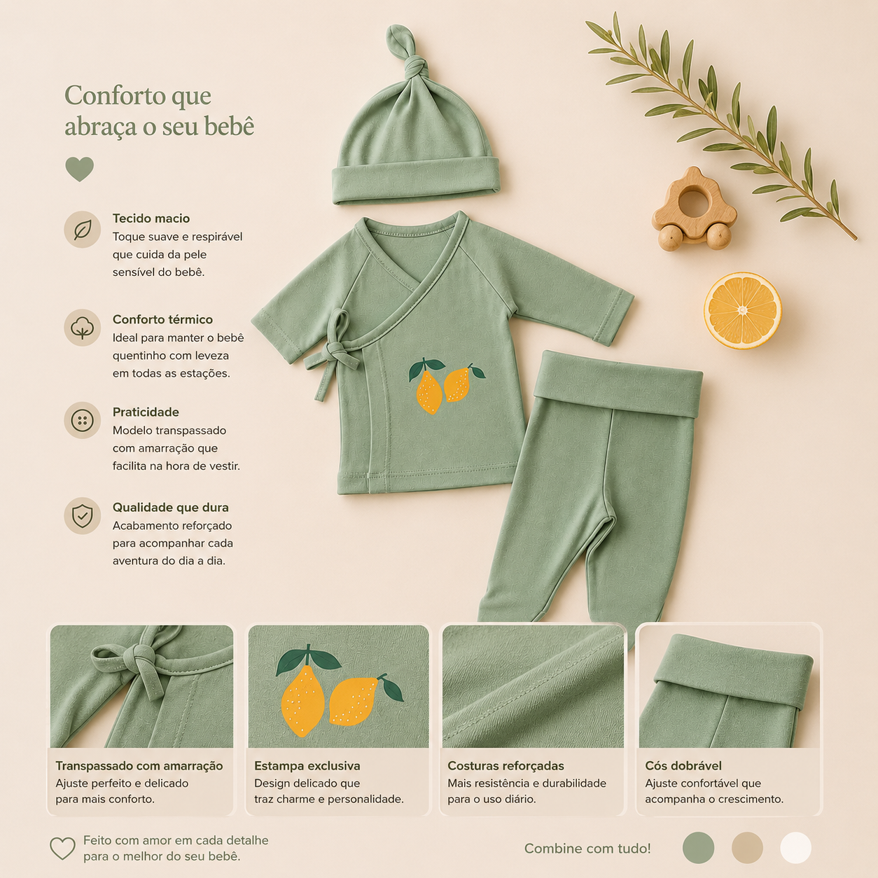 Kit Recém Nascido 3 peças Organic Lemon Verde