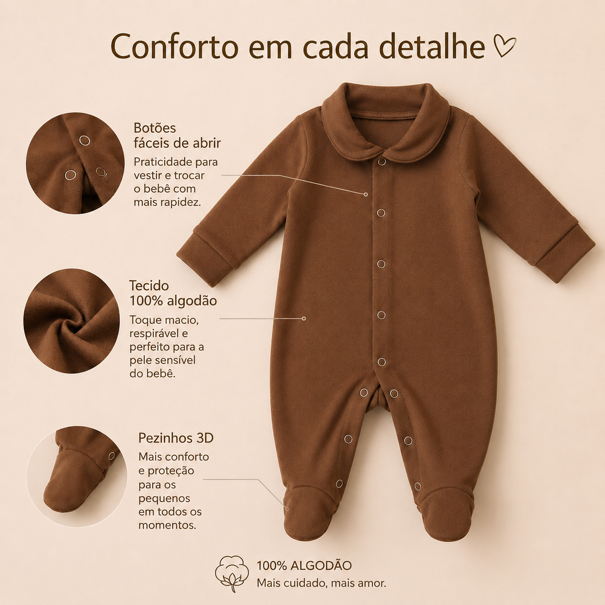 Macacão Recem Nascido Primeiros Dias - Abre Fácil - Caramelo